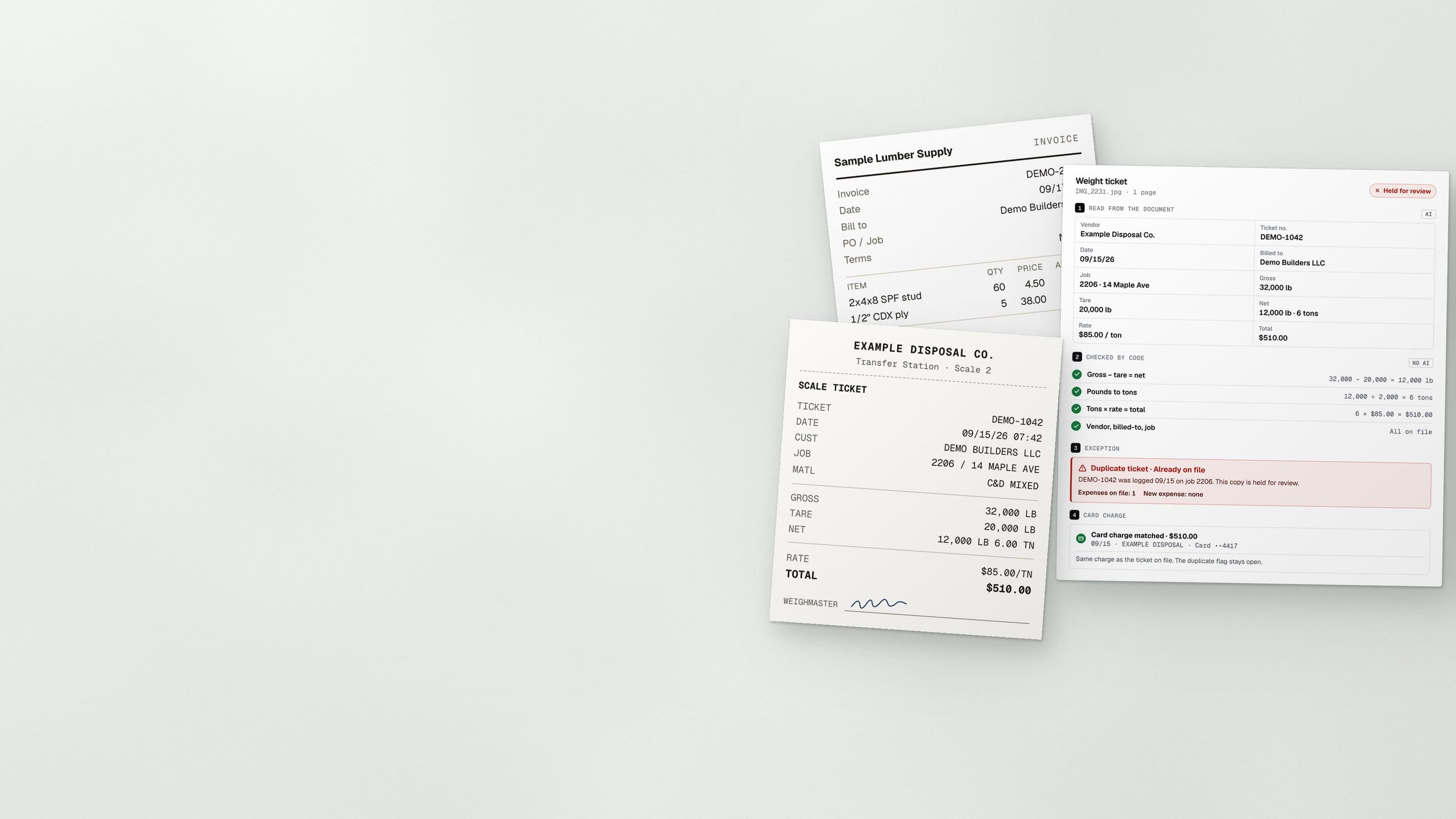A fictional weight ticket and supplier invoice on a stone work surface, beside the Site Tally screen that checked them.